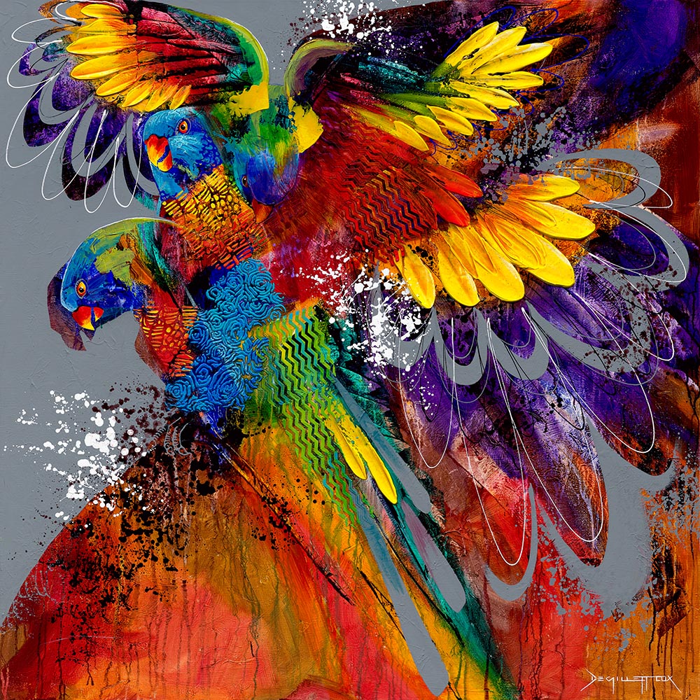 abstract painting of rainbow lorikeets